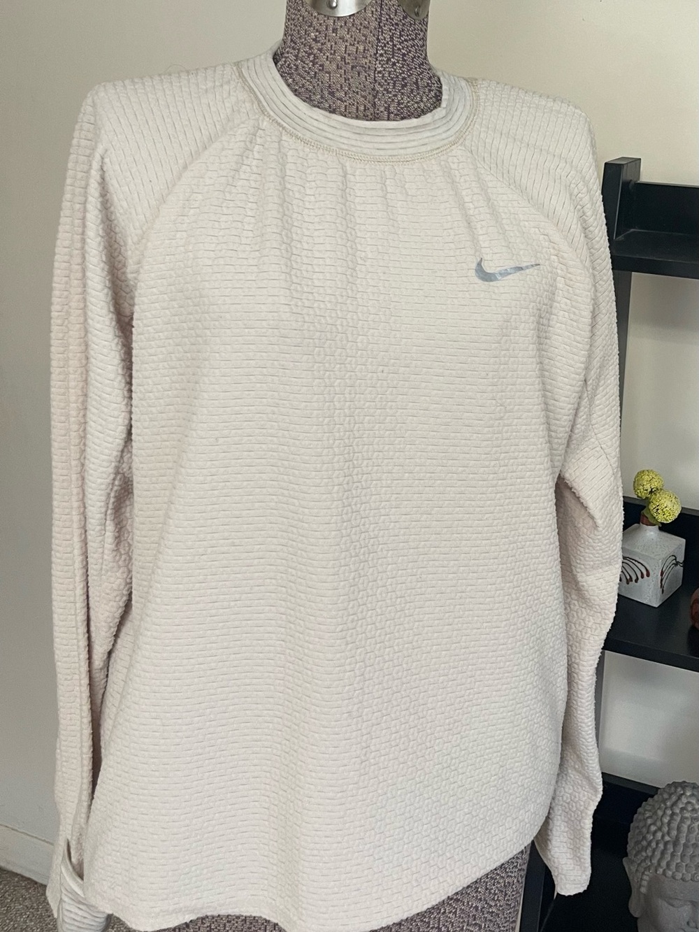 Nike Women's Cream Waffle-Knit Crew Sweatshirt with Light Gray Swoosh